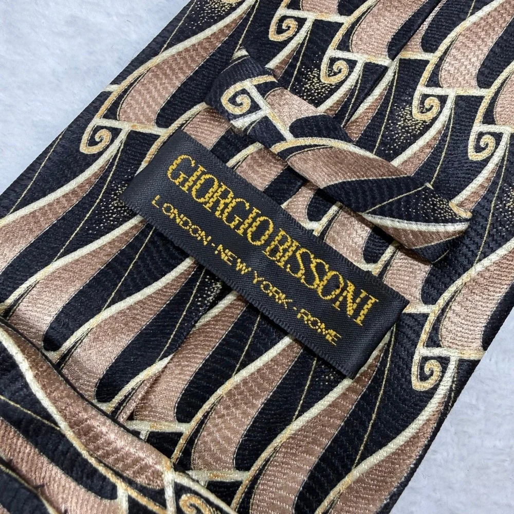 Giorgio Bissoni Mens Silk Tie Black Gold Bronze Abstract Art Deco Geometric 8223